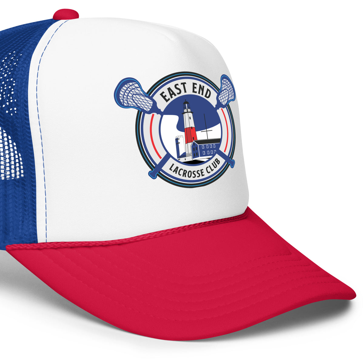 White / Royal / Red: East End Foam Trucker angled detail