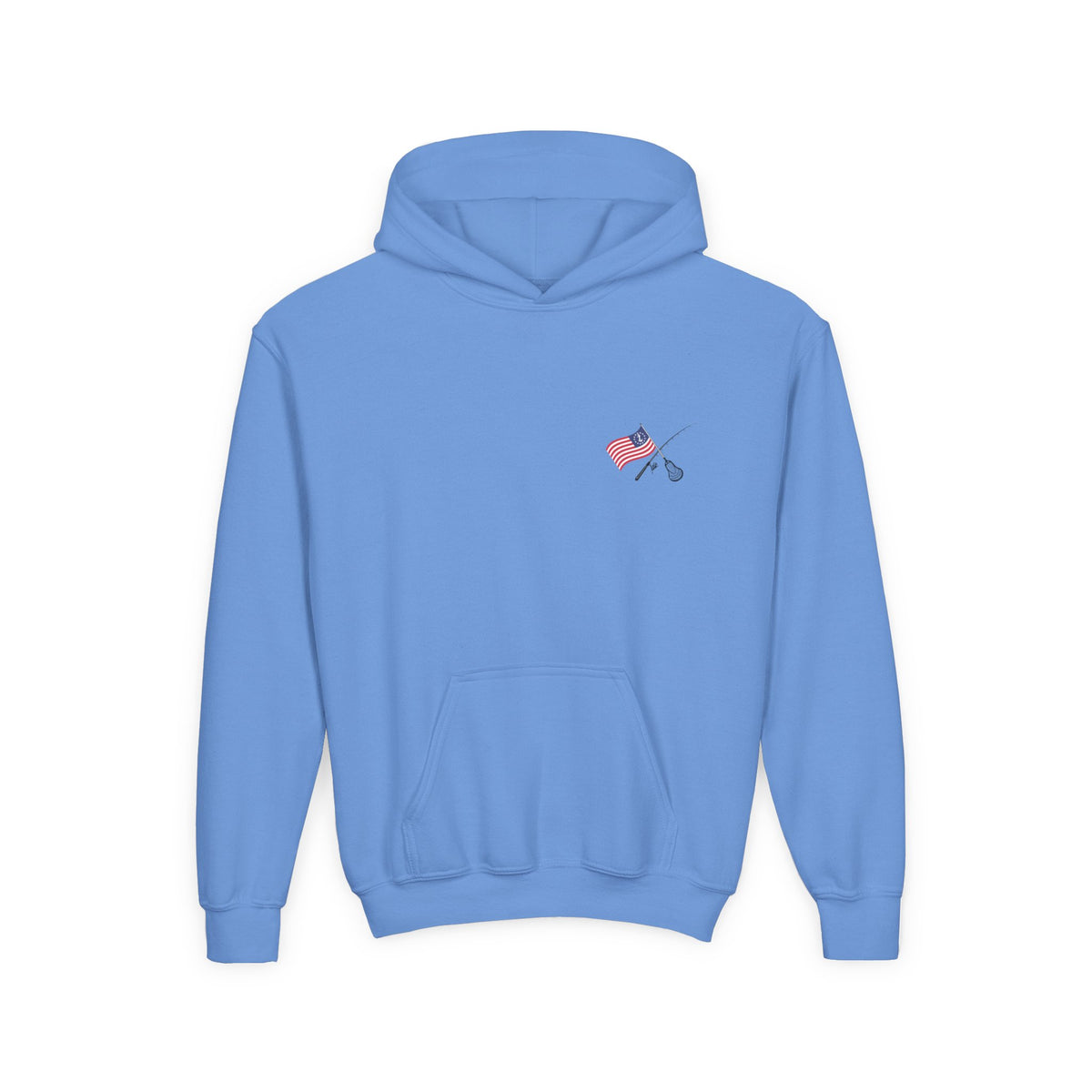 Carolina Blue: East End Youth Hoodie front view with Fishing mark