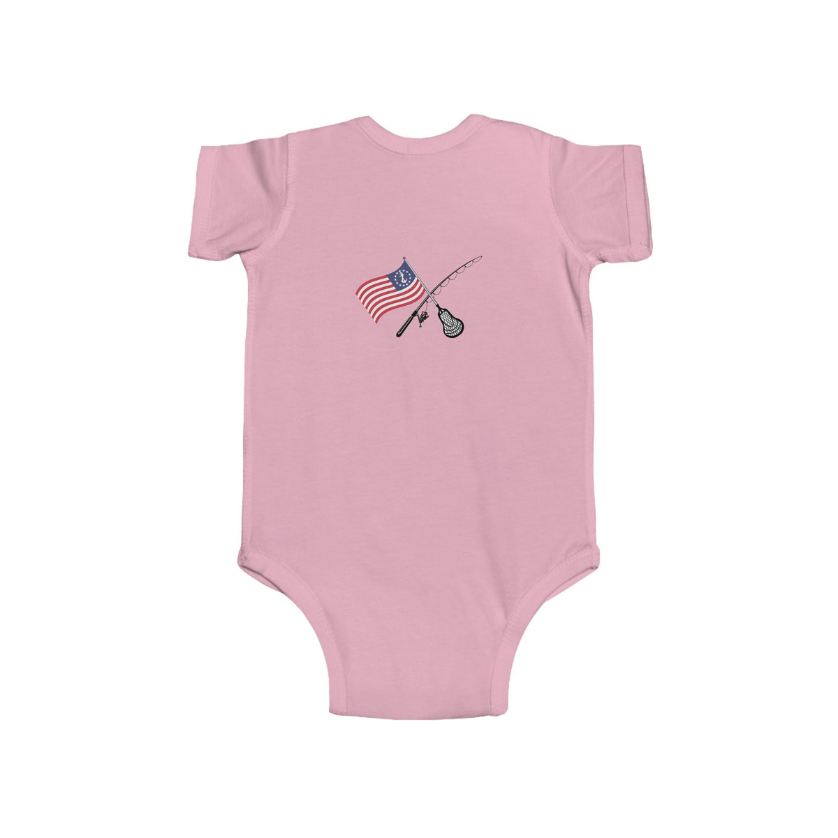 Pink: Pink Rookie Onesie back view with fishing-rod mark