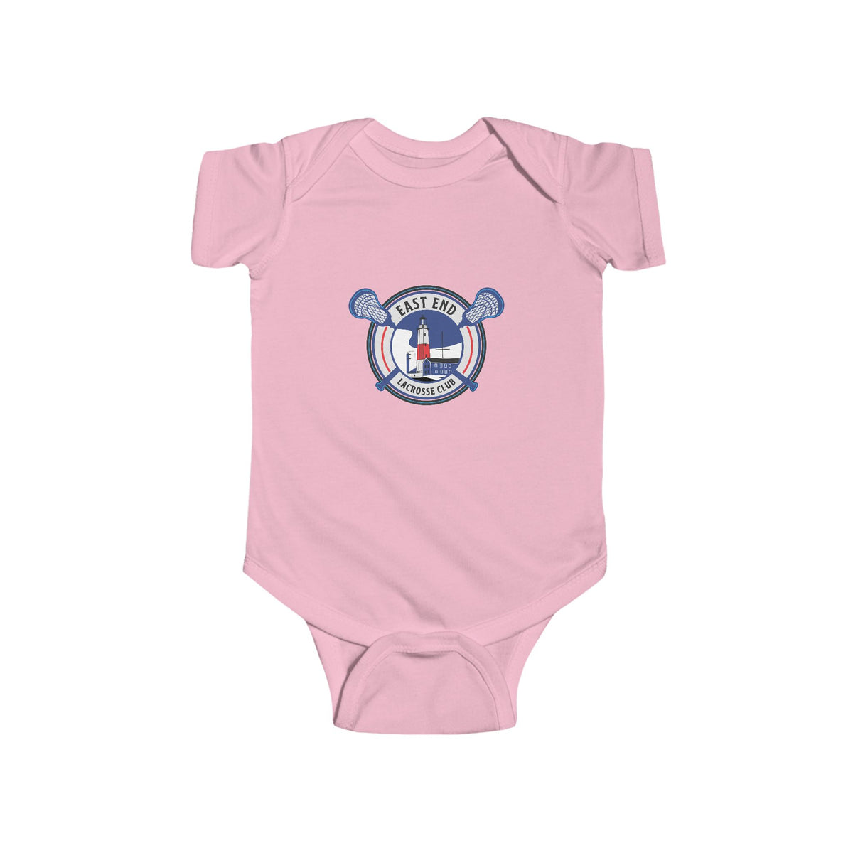 Pink: Pink Rookie Onesie front view with Lighthouse Crest
