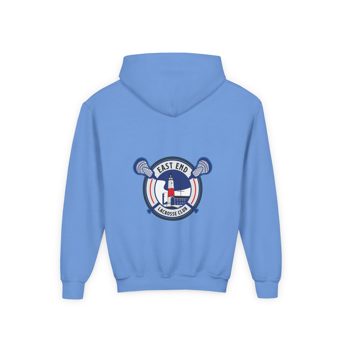 Carolina Blue: East End Youth Hoodie back view with Lighthouse crest