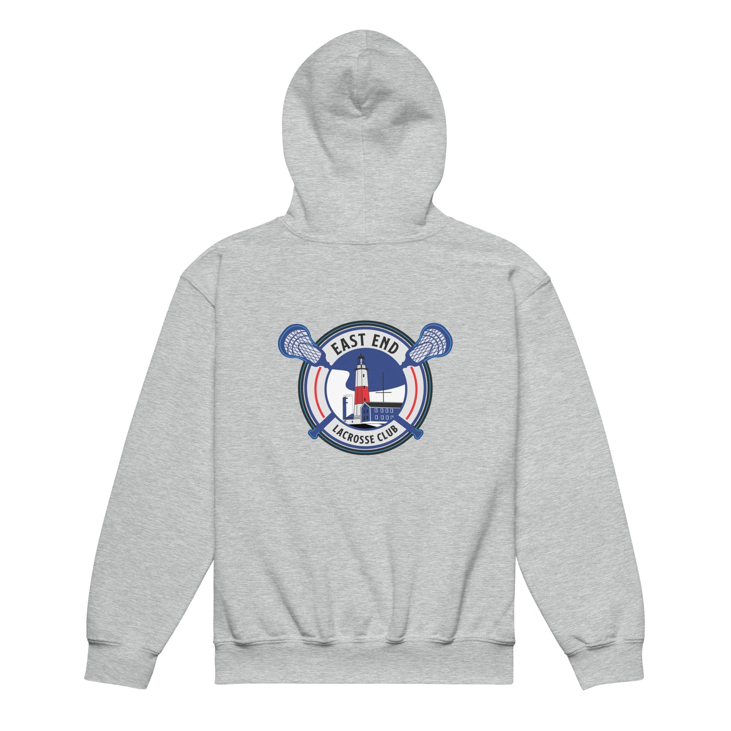 Sport Grey: East End Youth Hoodie back view with Lighthouse crest