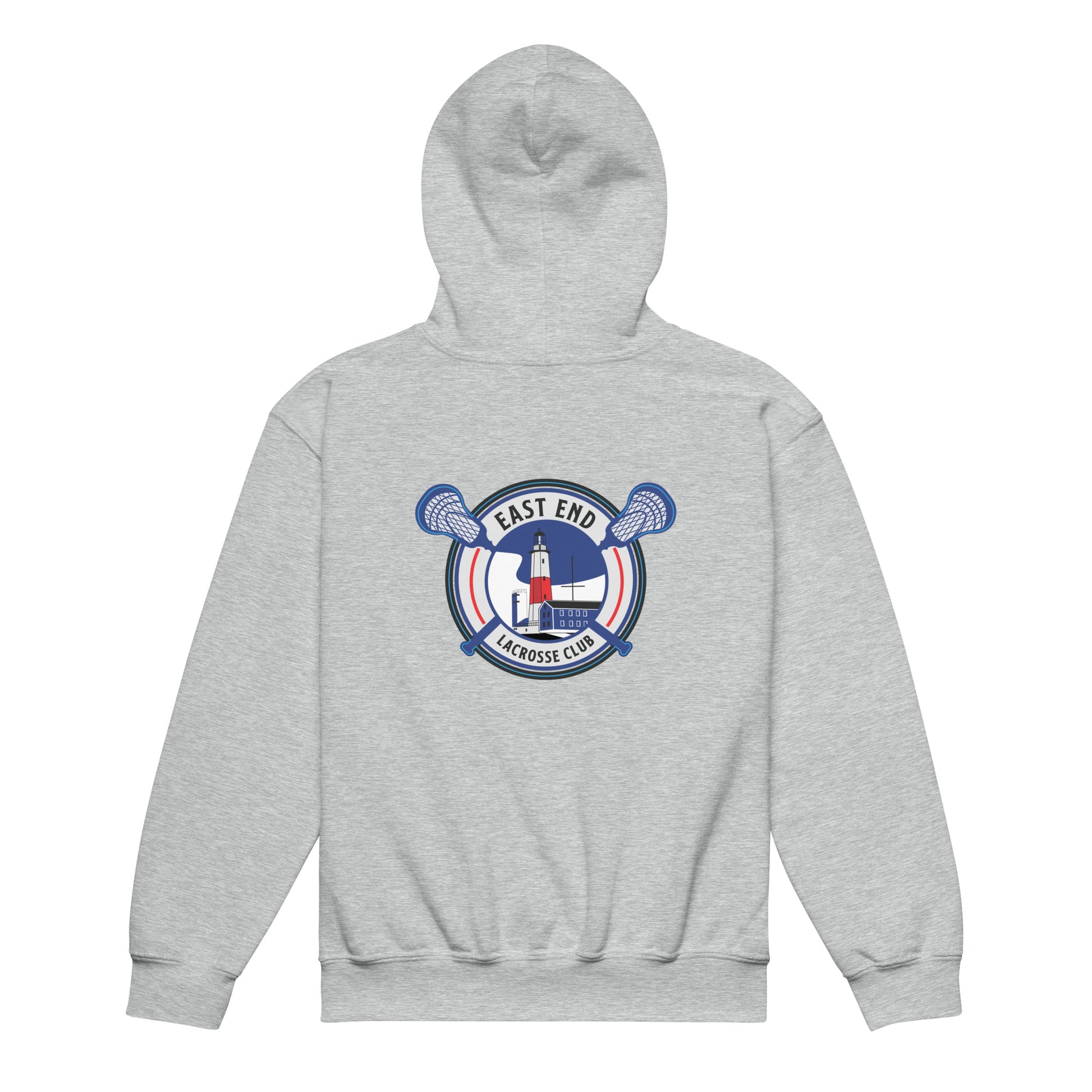 Sport Grey: East End Youth Hoodie back view with Lighthouse crest